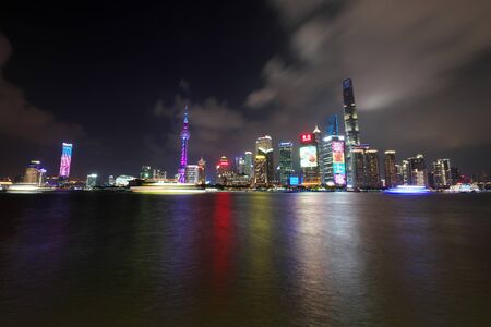 Shanghai, China-September 18, 2019: Night scene of Pudong buildings in Shanghaiのeditorial素材