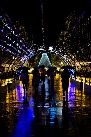 Tokyo,Japan-November 22, 2019: People walk under Christmas illuminations and ornaments in the rainのeditorial素材