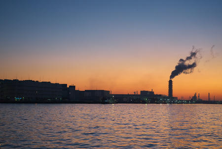 Tokyo,Japan-December 1, 2019: Night View of Factories along Tanabe Canal in Kawasaki Just After the Sunsetのeditorial素材