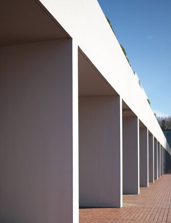 Tokyo,Japan-January 6, 2020: Shallow-focus series of white walls on brick tile pavementの写真素材