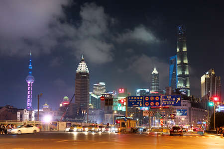 Shanghai,China-September 13, 2019: Night View of Pudong New Area buildings from Yuyuan Garden station in Shanghaiのeditorial素材
