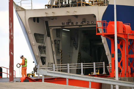 Niigata,Japan-October 31, 2020: Rear view of Ferryboat connecting Niigata Port and Ryotsu Port in Niigataのeditorial素材