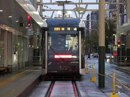 Hokkaido,Japan-November 8, 2020: A tramcar at Susukino station in Sapporo city in the eveningのeditorial素材