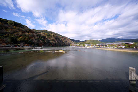 Kyoto,Japan-November 22,2020: View of Arashiyama and Katsura river from Togetsukyo bridgeのeditorial素材