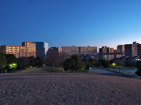 Condos located at the suburbs of Tokyo, Japan, at dawnの写真素材