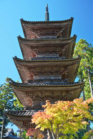 Niigata,Japan-October 21, 2020: A five-story pagoda in Myosenji temple in Sado, Niigata, Japan, on blue sky backgroundのeditorial素材