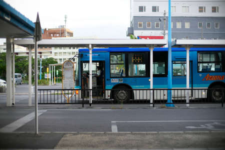 Okinawa,Japan - May 23, 2021: Ishigaki Ferry terminal bus stops and taxi stands in the morning