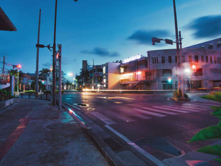 Okinawa,Japan - July 15, 2021: Early summer morning at 730 intersection in Ishigaki island, Okinawa, Japan