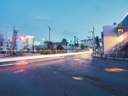 Okinawa,Japan - July 15, 2021: Early summer morning at 730 intersection in Ishigaki island, Okinawa, Japan