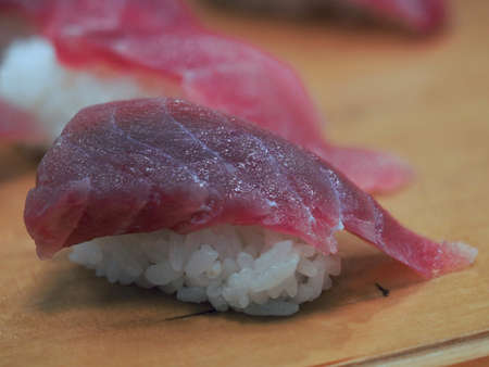 Shizuoka,Japan - December 10, 2021: Closeup of Tuna sushi or magro sushiの写真素材