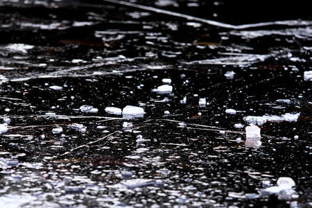 Tokyo,Japan - December 29, 2021: Ice on a pond surface in the winter morning in Tokyoの写真素材