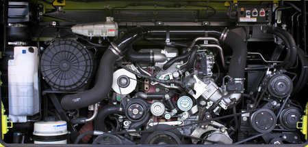 Tokyo,Japan - December 26, 2021: Closeup of bus diesel engine