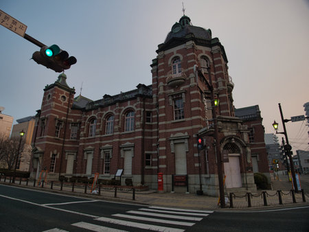 Iwate, Japan - March 8, 2023: Red brick building classic old Bank of Iwate in Morioka city at sunrise.のeditorial素材