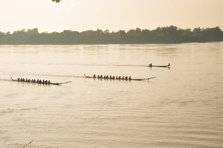 NONGKHAI,THAILAND-OCT 20:Traditional Thai long boats compete at Nongkhai province at Meakhong river...