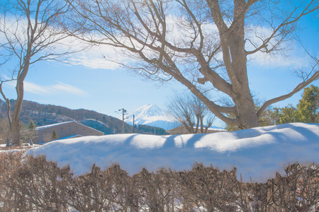 Fuji mountain from Kawaguchiko lake in winterの写真素材