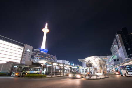Kyoto, Japan - FREBUARY 1, 2016 : Kyoto Tower in front of Kyoto Station on February 1,2016 in Kyoto, Japanのeditorial素材