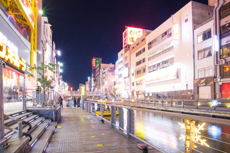 OSAKA,JAPAN - February 2, 2016 : View with light displays of Dontonbori canal in Namba Osaka, Japanのeditorial素材