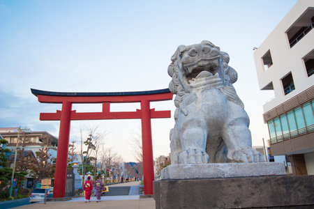 KAMAKURA , JAPAN - NOVEMBER 07, 2018:Stone lion and Tori gate in front of Dankazura pathway to Tsurugaoka Hachimangu shrine at  Kamakura,Japanのeditorial素材