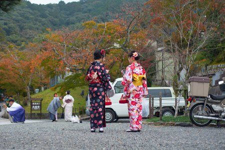 Kyoto, Japan - November 12, 2018:Japanese girl in kimono dress at Kiyomizu temple  in Kyoto, Japanのeditorial素材