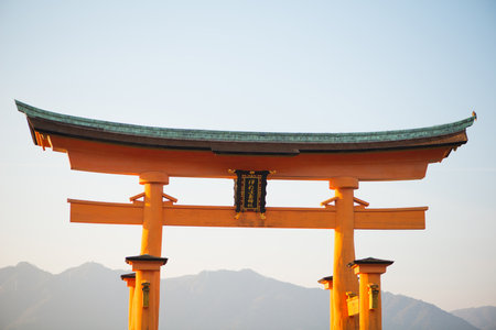 Floating torii gate of Itsukushima Shrine at Miyajima island Hiroshima, Japan. Japanese characters mean "itsukushima shrine"のeditorial素材