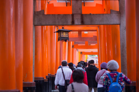 KYOTO, JAPAN - September 12, 2018: Tourist walk and see Red torii at Fushimi Inari-taisha shrine in Kyoto,Japanのeditorial素材