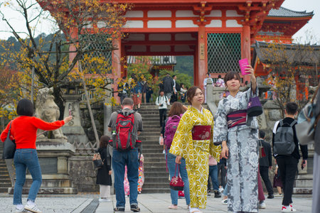 Kyoto, Japan - November 12, 2018:Japanese girl in kimono dress at Kiyomizu temple  in Kyoto, Japanのeditorial素材