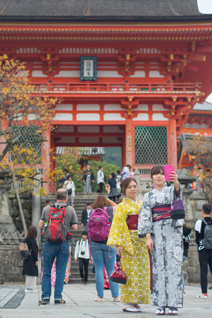 Kyoto, Japan - November 12, 2018:Japanese girl in kimono dress at Kiyomizu temple  in Kyoto, Japanのeditorial素材
