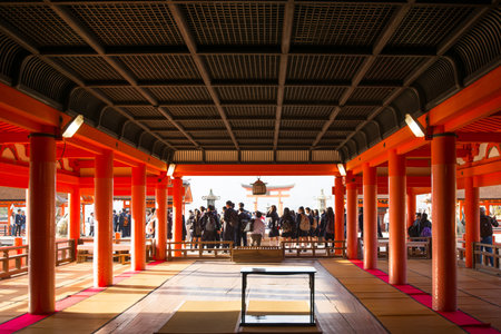 HIROSHIMA JAPAN - November 11, 2018 : Tourist to see Floating torii gate of Itsukushima Shrine at Miyajima island Hiroshima, Japanのeditorial素材