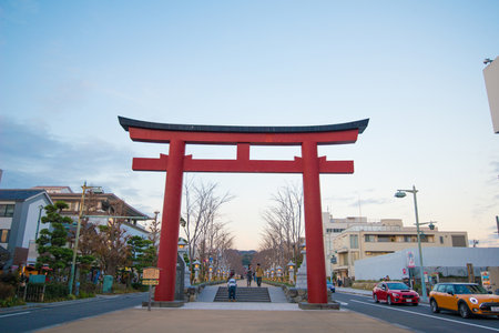 KAMAKURA , JAPAN - NOVEMBER 07, 2018:Tori gate front of Dankazura pathway to Tsurugaoka Hachimangu shrine at  Kamakura,Japanのeditorial素材