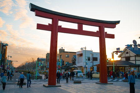 KAMAKURA , JAPAN - NOVEMBER 07, 2018:A Tori gate in front of entrance to Tsurugaoka Hachimangu shrine, popular tourist attraction of Kamakura,Japanのeditorial素材