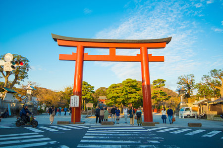 KAMAKURA , JAPAN - NOVEMBER 07, 2018:A Tori gate in front of entrance to Tsurugaoka Hachimangu shrine, popular tourist attraction of Kamakura,Japanのeditorial素材