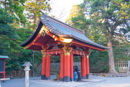 KAMAKURA , JAPAN - NOVEMBER 07, 2018:Chozuya or Temizuya water ablution pavilion at  Tsurugaoka Hachimangu shrine, popular tourist attraction of Kamakura,Japanのeditorial素材