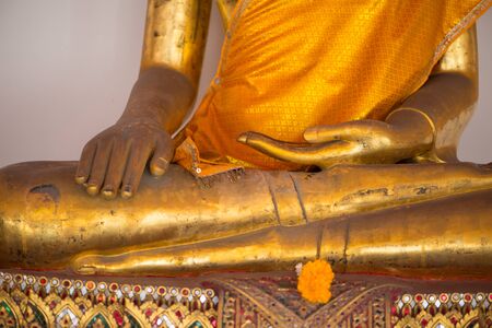 Closed up hand of Gold Buddha in Wat  Phra Chettuphon Wimon Mangkhalaram (Wat pho), Bangkok, Thailandの写真素材