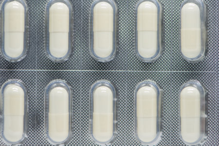 Closed up blister pack of medicine on whiteの写真素材