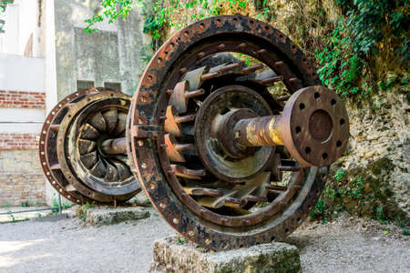 Old dam turbine blade on the outdoor museum rusting, Krka National Park, Croatiaのeditorial素材