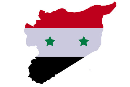 Syria Map with High detailed. Map of Syria filled with national flag symbols Syrian provinces. Syrian Map with Red white and blck three color and star Relief map Vector Illustration.のイラスト素材