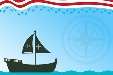 Ship and compass on the background of the flag of the United States of America. Columbus day Banner copyspaceのイラスト素材