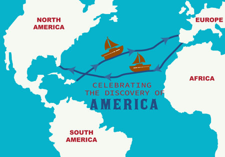 Vector illustration of the map of the United States of America with sailing boats. Columbus day Banner copyspace. Columbus route map Spain to Americaのイラスト素材