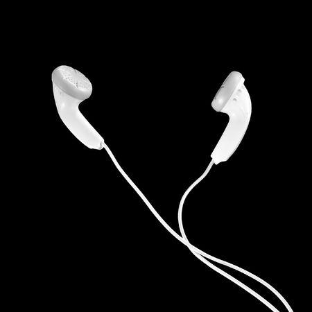 portable audio earphones isolated on black backgroundの写真素材