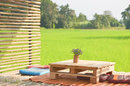 relaxation zone at bamboo terrace with green natural backgroundの写真素材