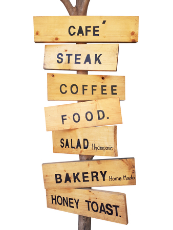 wooden restaurant signboard isolated on white backgroundの写真素材