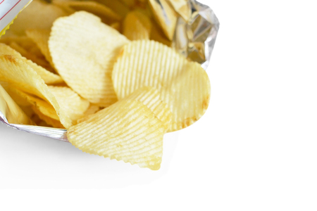 potato chips in bag on white backgroundの写真素材