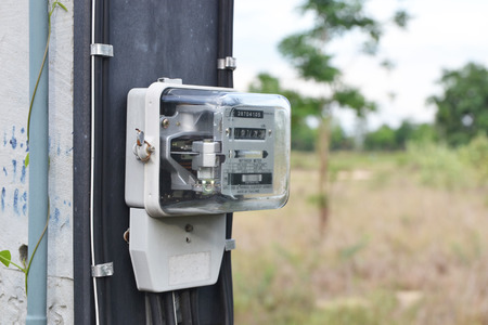 close up of electric meter on electric pole, electrical equipmentの写真素材