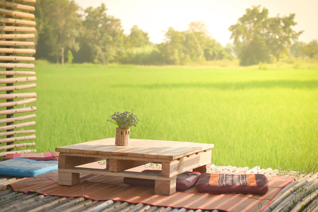 relaxation zone at bamboo terrace with green natural backgroundの写真素材