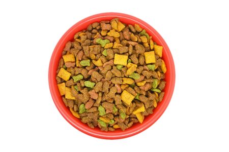 top view cat food in red bowl isolated on white backgroundの写真素材