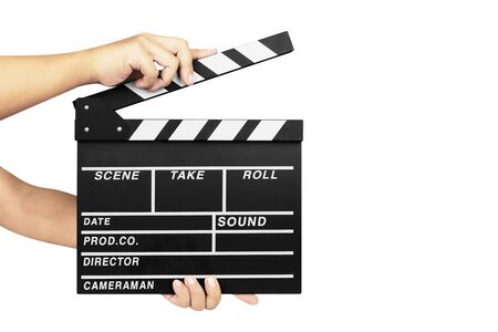 human hand holding clapperboard isolated on white backgroundの写真素材