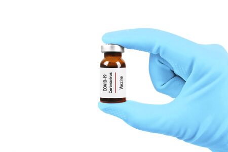 hand holding COVID-19 coronavirus or nCoV 2019 from vaccine isolated on white background