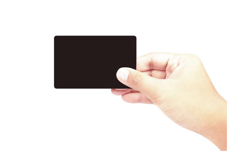 Hand holding black card isolated on white background