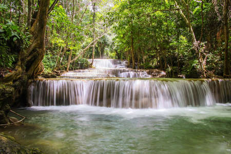Huay Mae Kamin or Huai Mae Khamin Waterfall at Khuean Srinagarindra National Park or Srinagarind Dam National Park in Kanchanaburi Province, Thailand.の写真素材