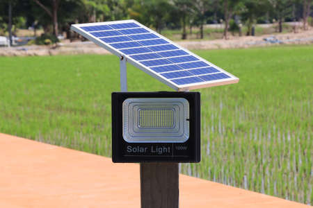 Solar cell lamp with green rice field background, Alternative energy